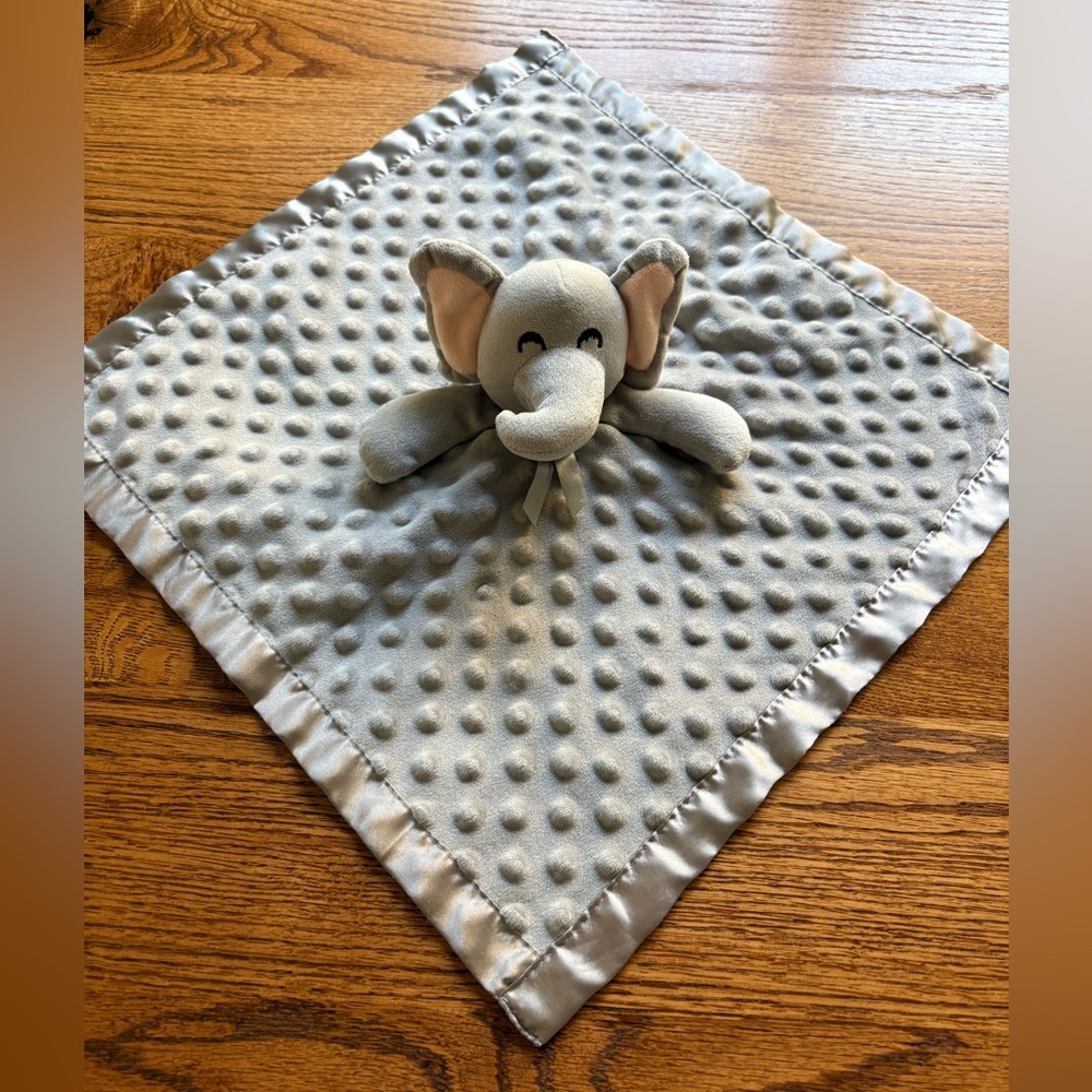 Gray Minky Elephant Baby Lovey Lovie Security Blanket with satin trim